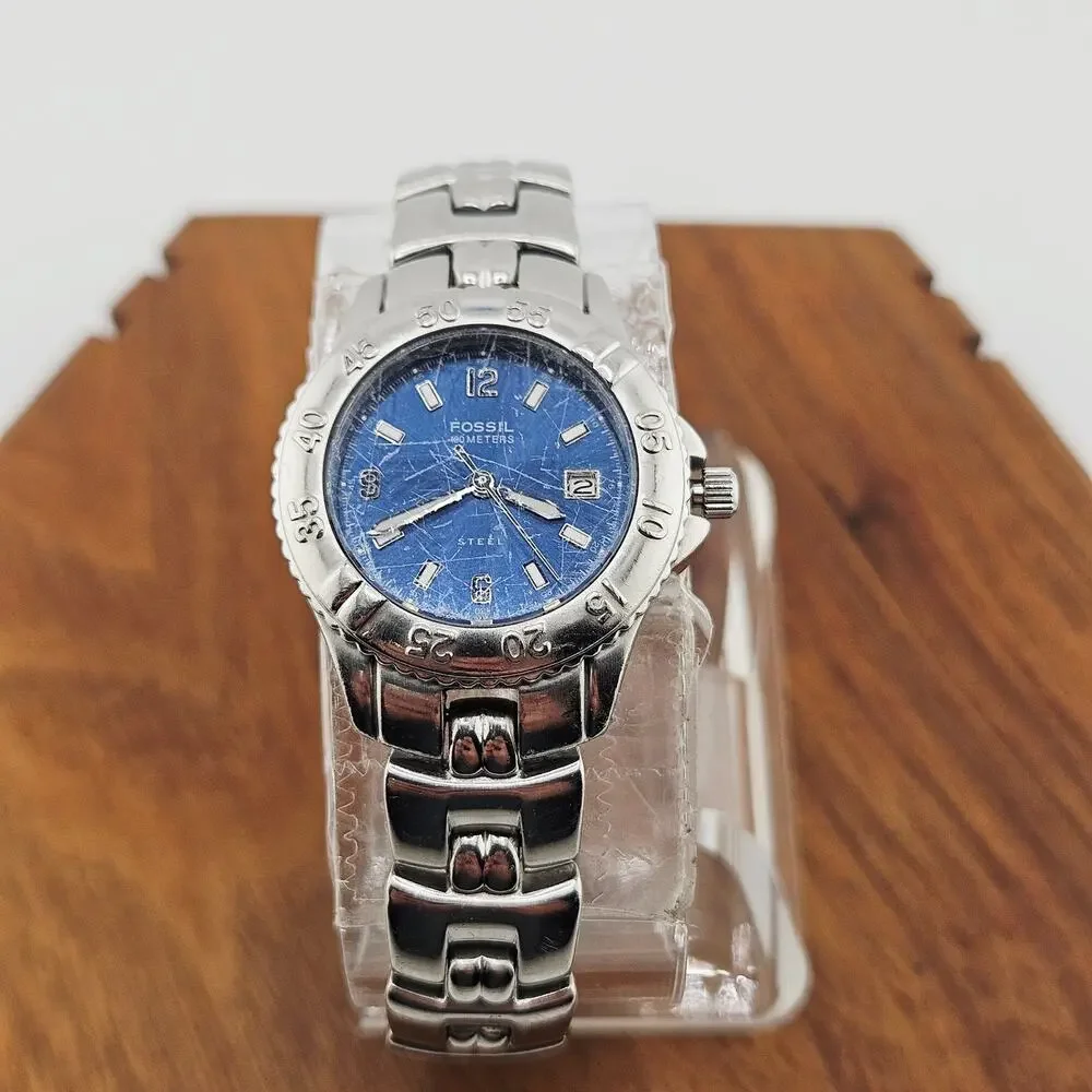 Fossil Watch Silver Tone Boyfriend Style Blue Date Dial Stainless Steel FS-2596